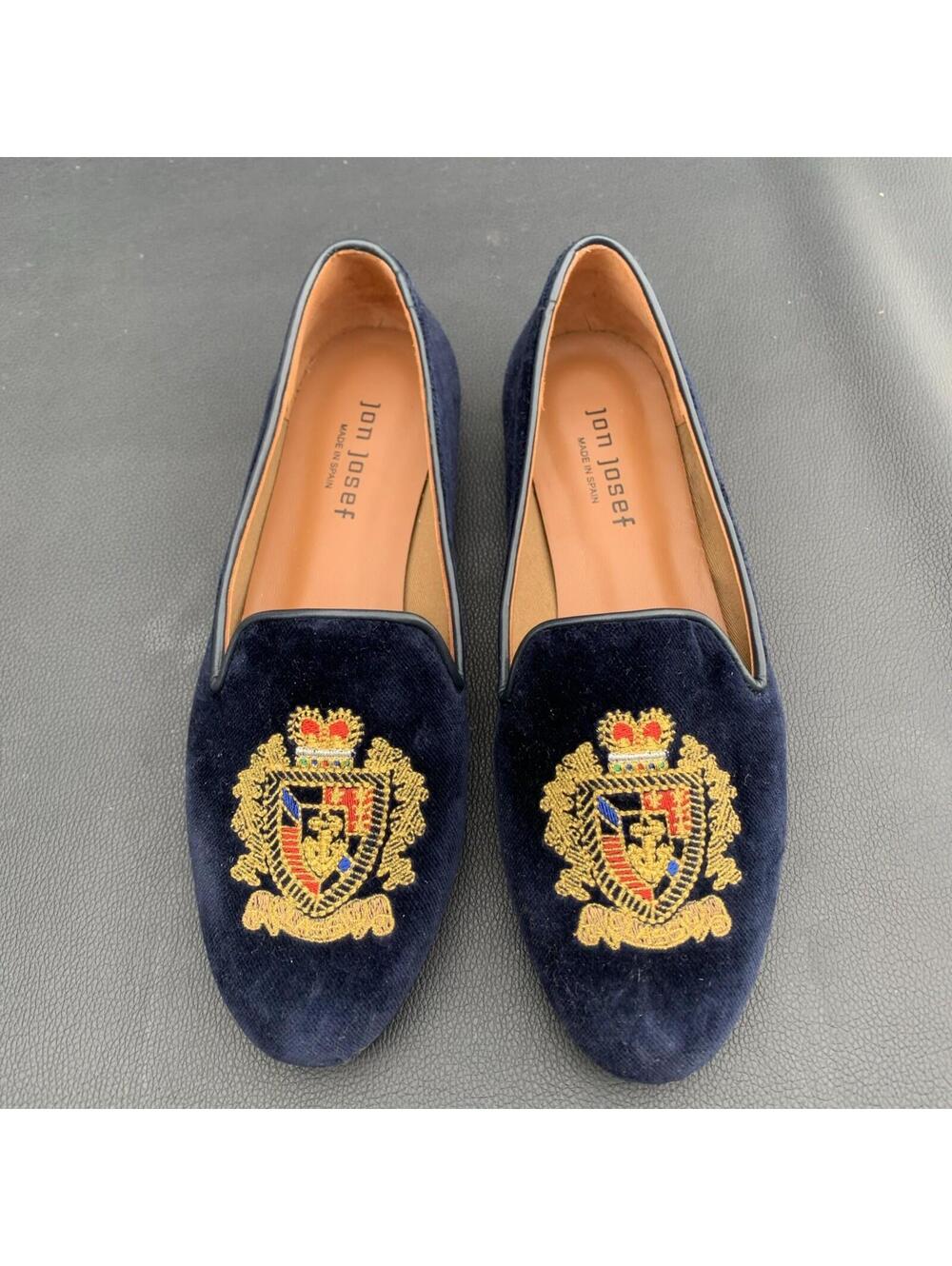 Jon Josef Velour Loafers Flats Gadsby Sz Fits 7- 7.5 New No Box Navy Gold Crest
